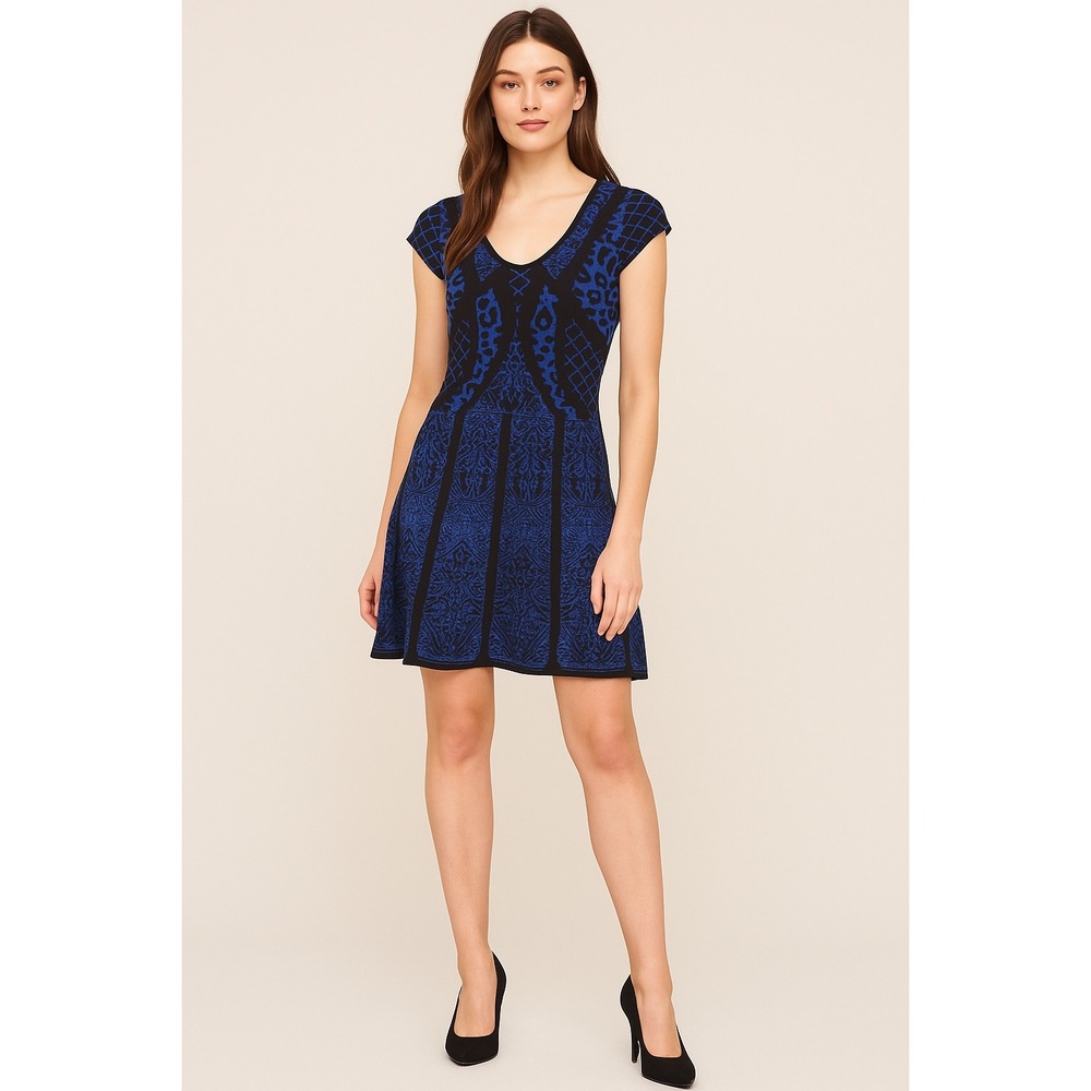 Artelier Nicole Miller Dress Women's P Petite Blue Black Fit‎ & Flare Knit